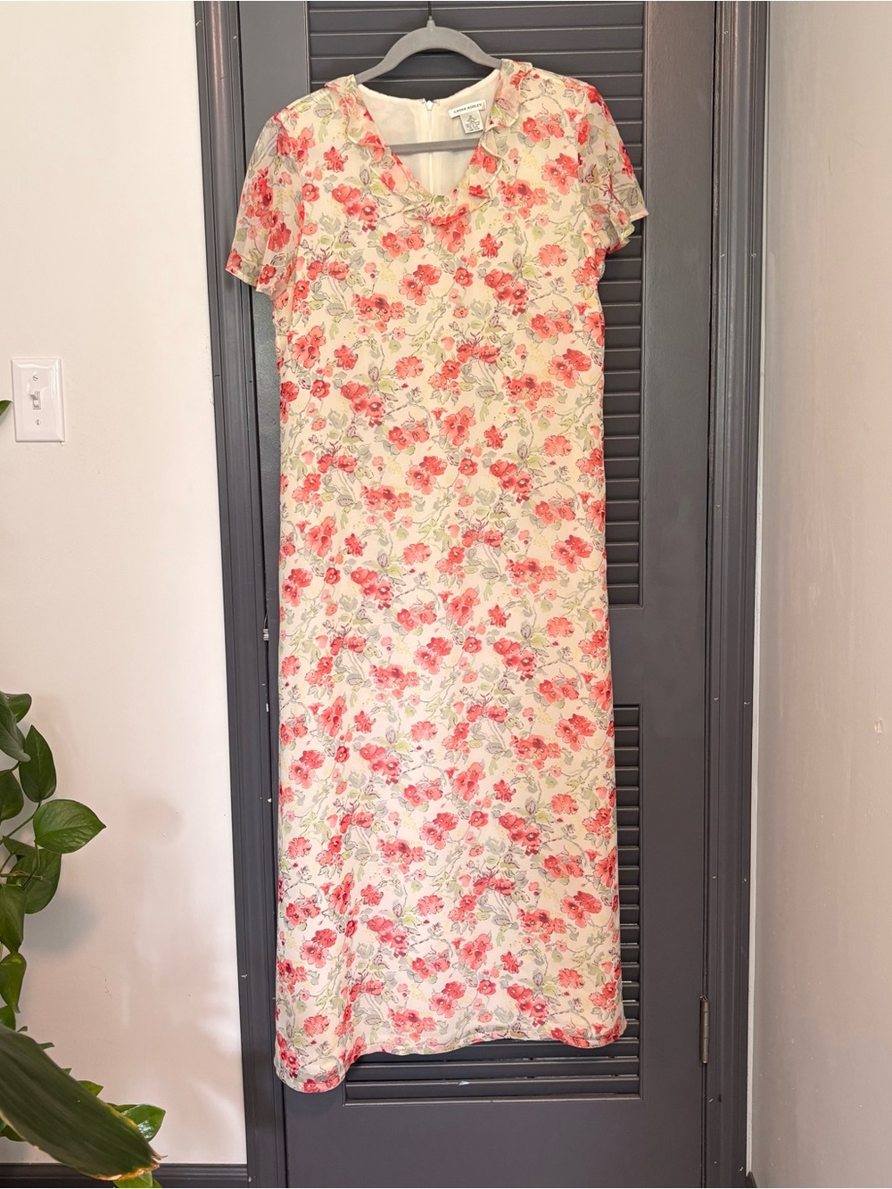 Vintage Laura Ashley Pure Silk Cream Maxi Dress with Pink Floral Print